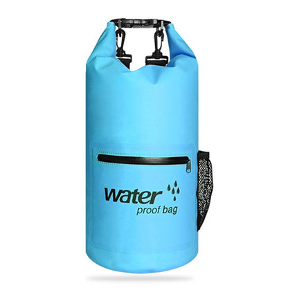 Blue waterproof dry sack bag with roll-top buckles and front zip pocket, mesh side pouch