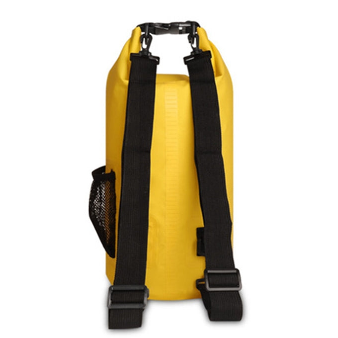 Yellow waterproof dry sack bag with dual shoulder straps and mesh side pocket