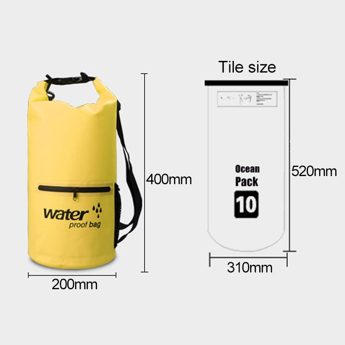 10L yellow waterproof dry bag with size measurements and ocean pack chart