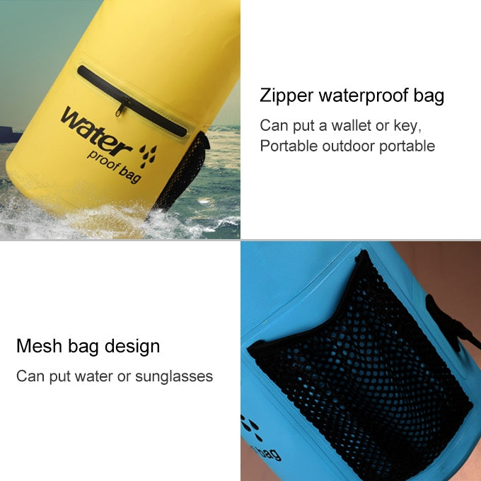 Yellow waterproof dry bag with zippered front pocket and mesh side pocket