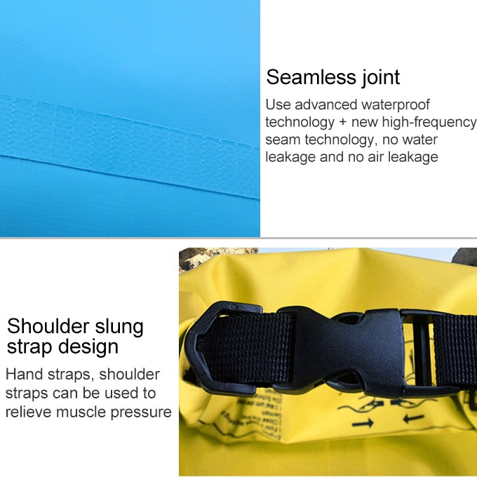 Blue waterproof dry bag showing sealed seam construction and adjustable shoulder strap system