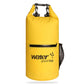 Yellow waterproof dry sack bag with roll-top buckles, front zip pocket, and mesh side pouch