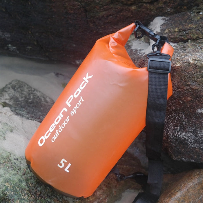 Orange 5L waterproof single-shoulder dry bag with roll-top closure and webbing strap