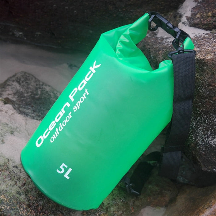 Green 5L waterproof single-shoulder dry bag with roll-top closure and carry strap