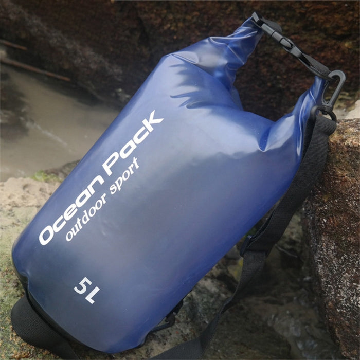 Blue 5L waterproof single-shoulder dry bag with roll-top closure and adjustable strap