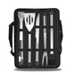 Black zip carrying case holding stainless fork, knife, shovel, and clip tools
