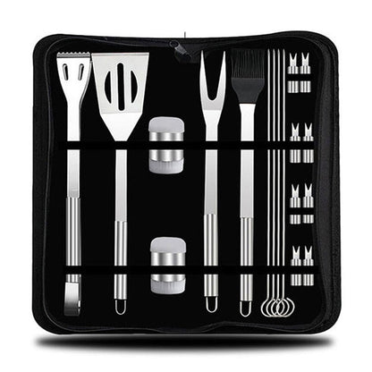 Outdoor tableware set in black zippered case, stainless cutlery tools and forks