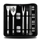 Camping utensil set shown in black storage case with stainless tools and condiment items