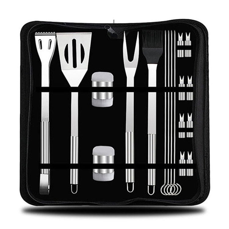 Camping utensil set shown in black storage case with stainless tools and condiment items