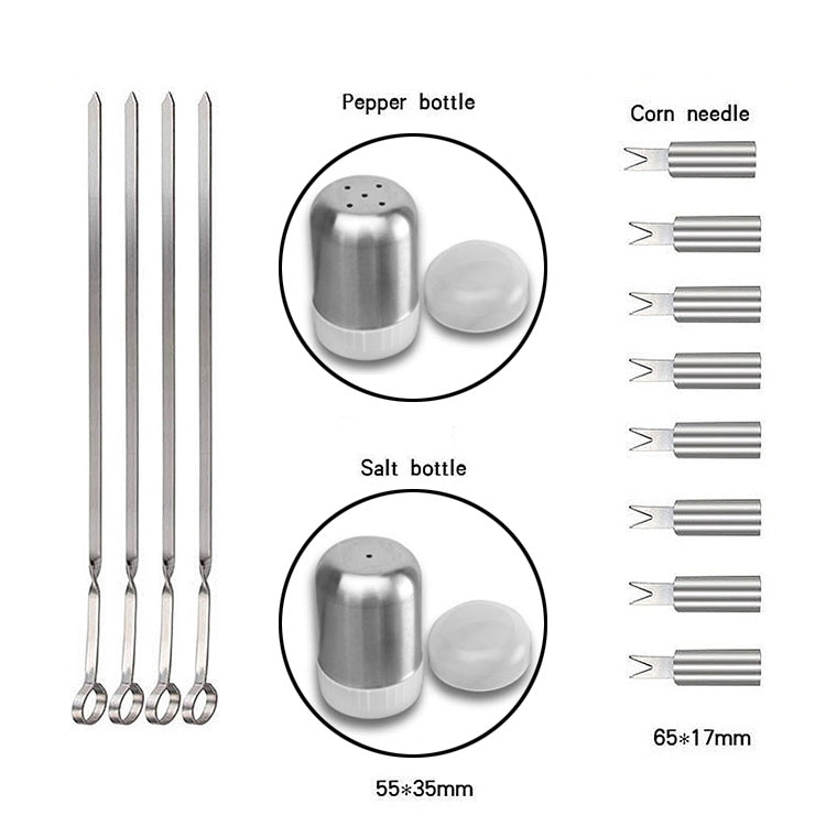 Stainless pepper and salt condiment bottles with slim tool sticks and grilling needles