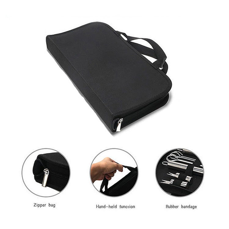 Black zipper carry bag for an 18-piece outdoor tableware and barbecue tool set