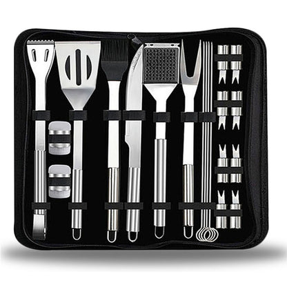 20-in-1 outdoor tableware set in black zip case, stainless forks, knives, and spoons