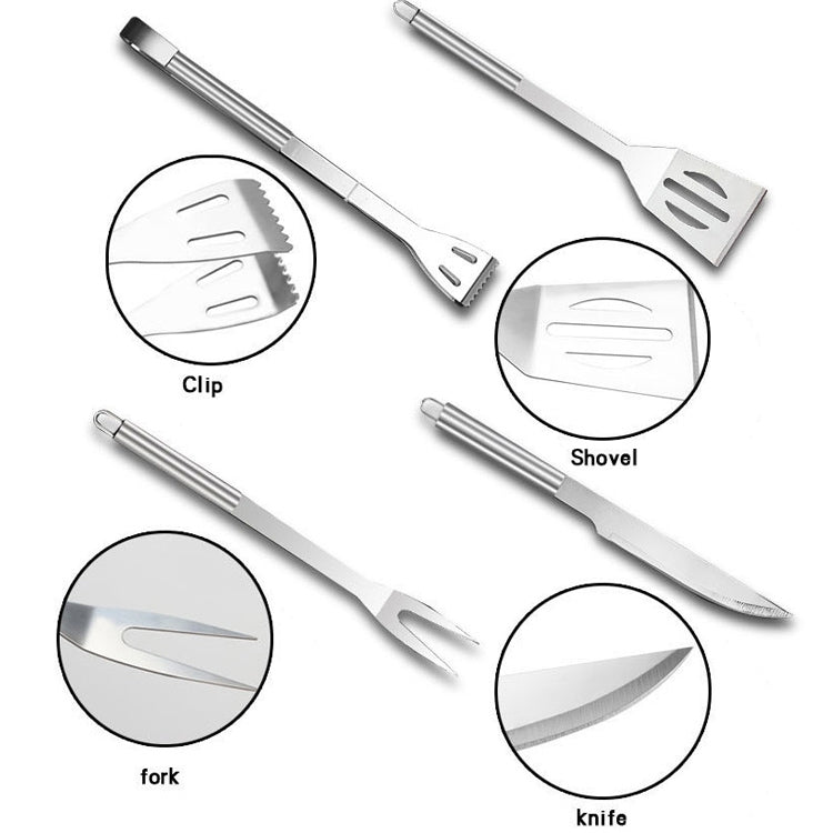Stainless grilling tool kit: clip, shovel, fork, and knife with angled blades