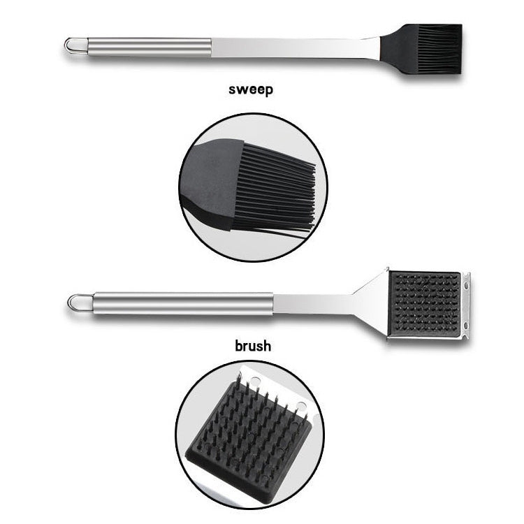 Stainless grill cleaning tools: sweep brush with black bristles and scrub brush head
