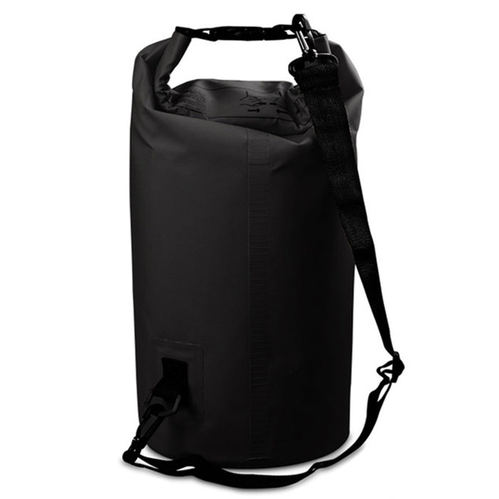 15L waterproof single-shoulder PVC dry sack bag, roll-top barrel, black with black straps