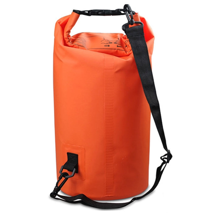 15L waterproof single-shoulder PVC dry sack bag, roll-top barrel, orange with black straps