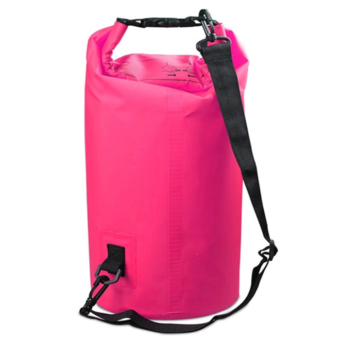 15L waterproof single-shoulder PVC dry sack bag, roll-top barrel, pink with black straps