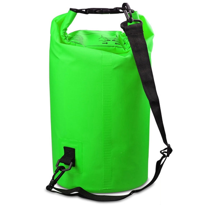 Green PVC dry sack single-shoulder bag with roll-top and side strap, 15L