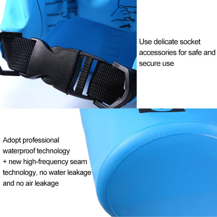 Blue PVC dry sack with adjustable black shoulder strap and buckles