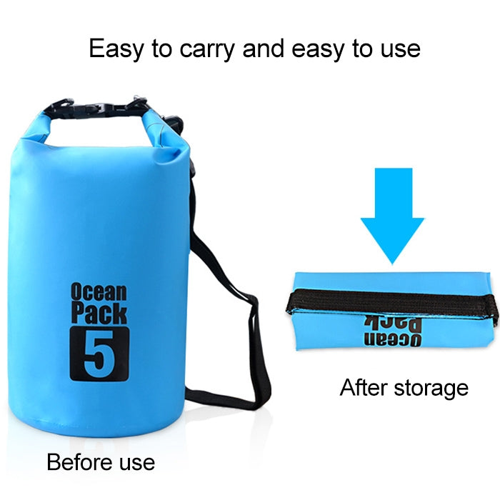 Blue PVC dry sack with roll-top and carry strap, shown folded for storage