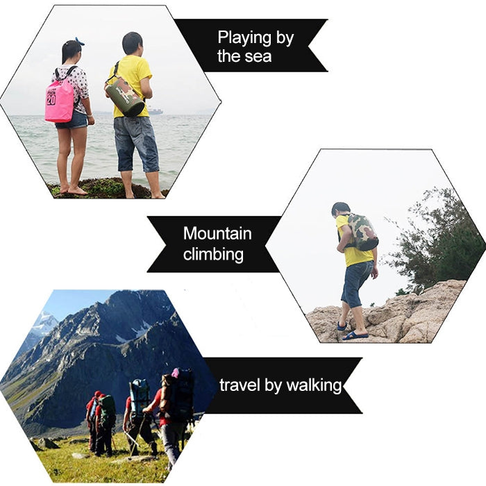 Outdoor hikers with PVC dry sack shoulder bags, Ocean Pack 20 and 5 visible