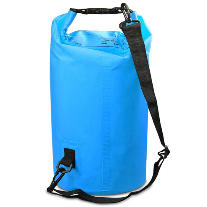 Sky blue PVC dry sack single-shoulder bag with roll-top and buckle strap, 15L