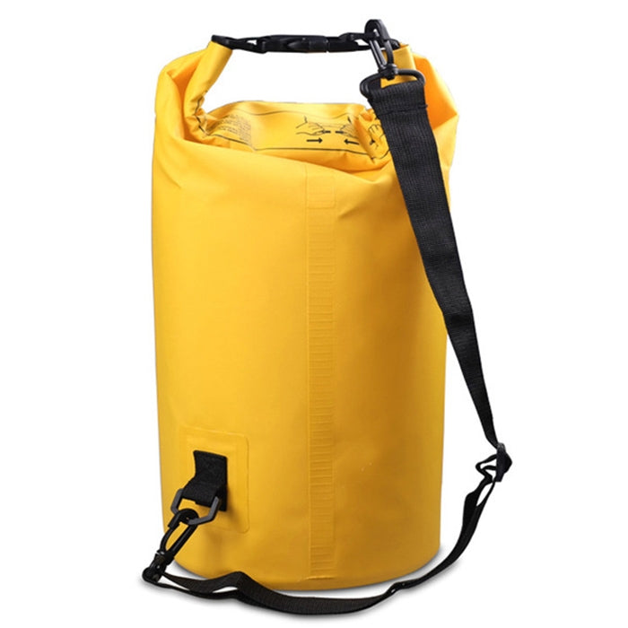 15L waterproof single-shoulder PVC dry sack bag, roll-top barrel, yellow with black straps