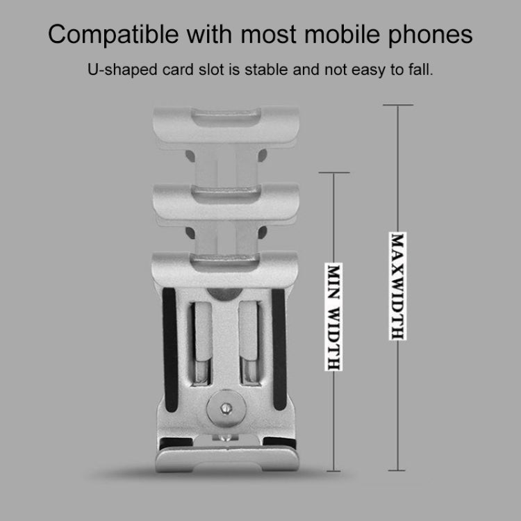 Adjustable phone fixing frame with U-shaped card slot and side grippers, silver