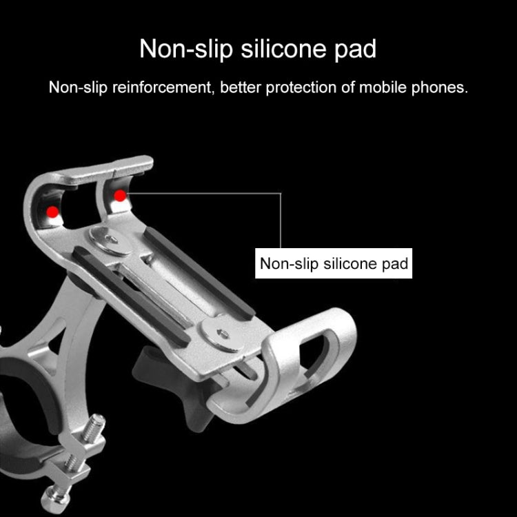 Phone holder fixing frame with non-slip silicone pad on the clamp, silver body