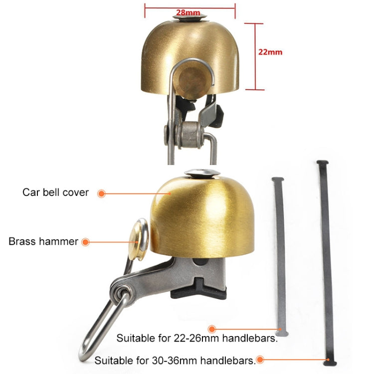 Gold brass bicycle bell with hammer lever and mounting hardware