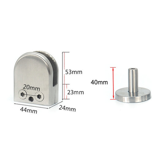 Stainless steel glass support clip with rod, labeled dimensions 53mm and 40mm