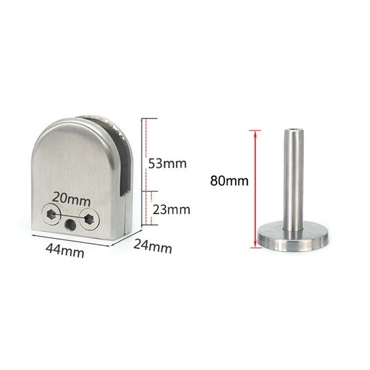 Stainless steel glass support rod fixing clip dimensions shown with base and vertical rod