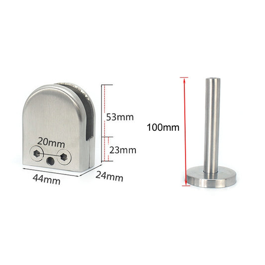 Stainless steel support clip with vertical rod and base, with size dimensions shown