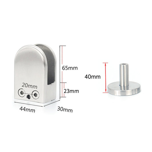 Stainless steel U-shaped glass support clip with vertical rod and round mounting base