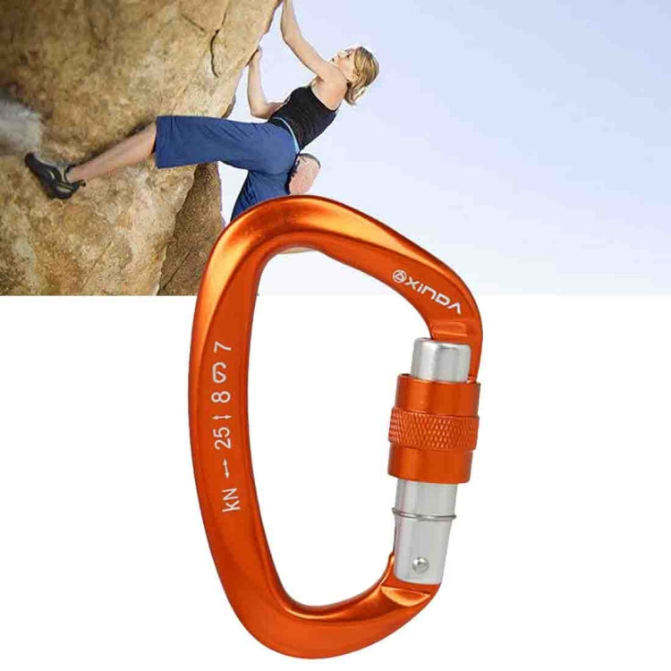 XINDA D-shaped climbing carabiner, orange body with orange locking sleeve and silver gate