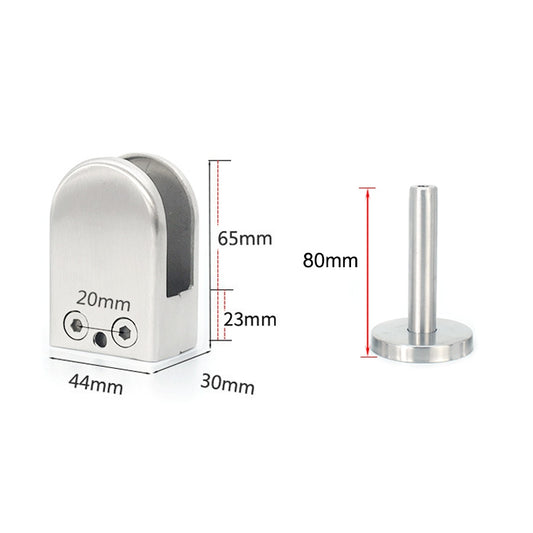 Stainless steel glass clamp support clip with rod, shown with size guide