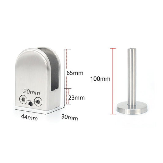 Stainless steel support clip on 14x100mm rod with size details, 65mm and 100mm
