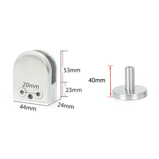 Stainless steel glass support clip with mounting dimensions and vertical rod post