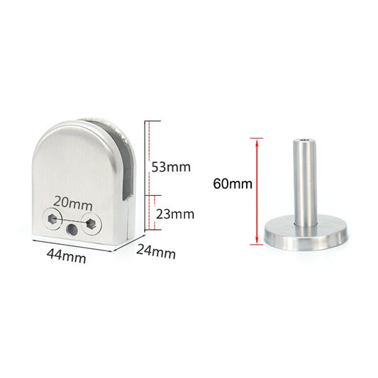 Stainless steel glass support clip with mounting holes and vertical rod, size diagram