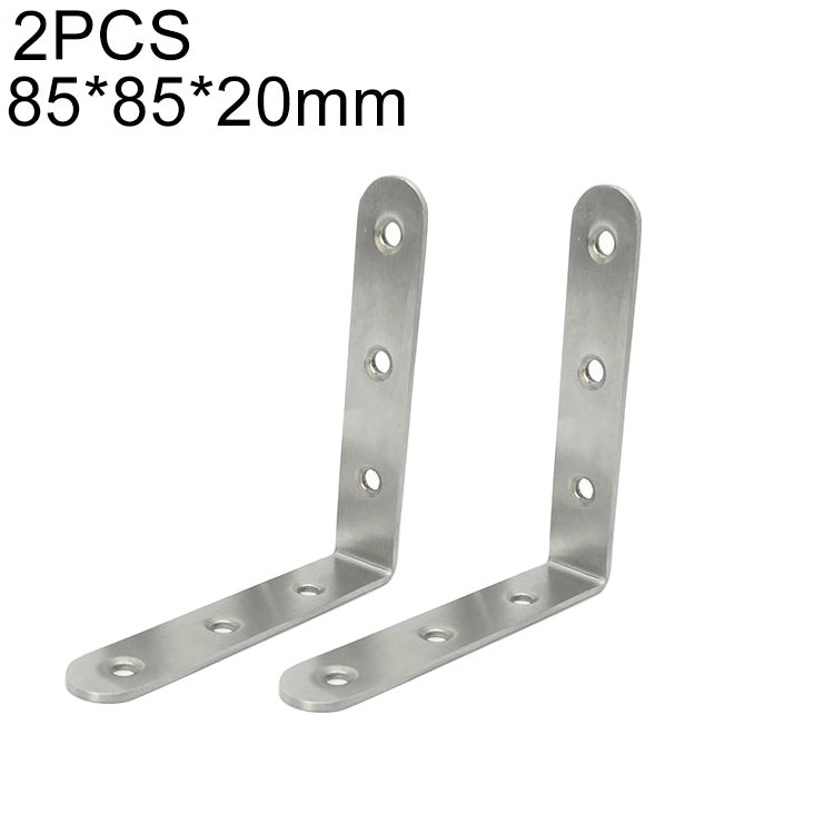 Stainless steel 90-degree corner angle brackets, 85mm, with mounting screw holes