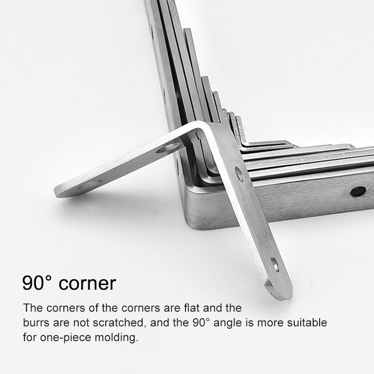 Stainless steel 90-degree corner bracket with flat ends and screw holes