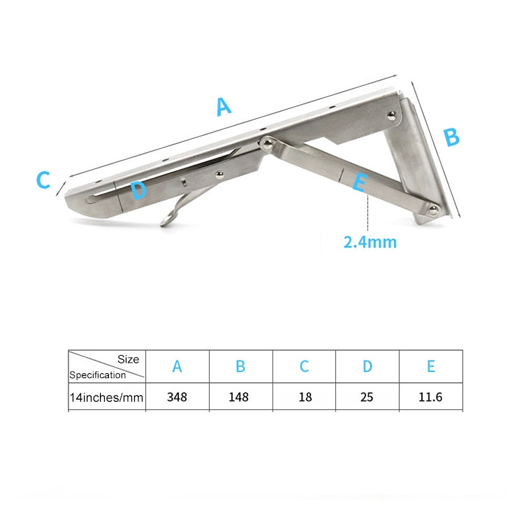 Foldable K-style wall shelf bracket with size measurements for 14-inch shelf