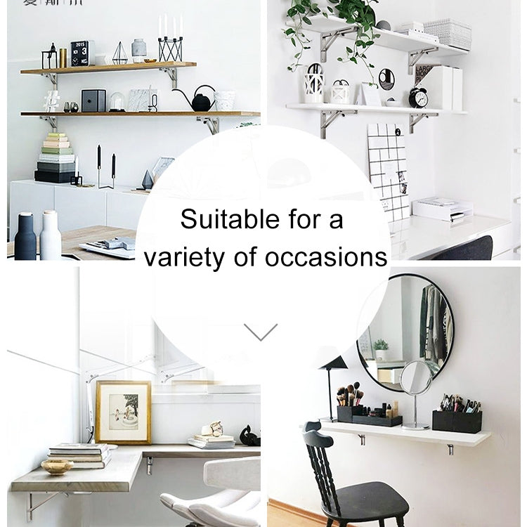 Wall-mounted foldable shelf bracket holding a small surface panel on support arms
