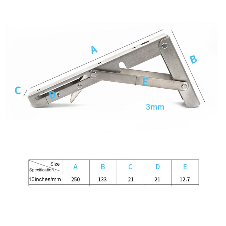 Stainless steel wall folding bracket size diagram, 10 in and 3mm
