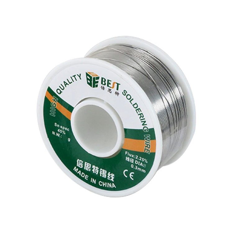 Solder wire spool, front view with green label and silver wire