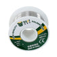 Solder wire spool with green label and silver wire wound around core