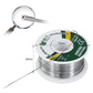 Solder wire spool with silver wire strand extending, plus size diagram markings