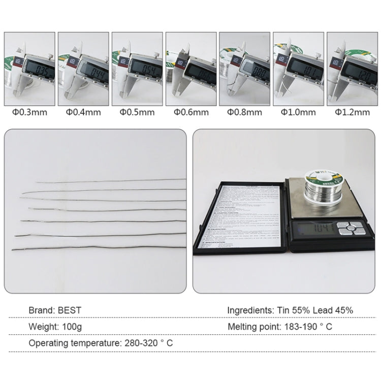 Solder wire spool shown with wire thickness samples and melting temperature info