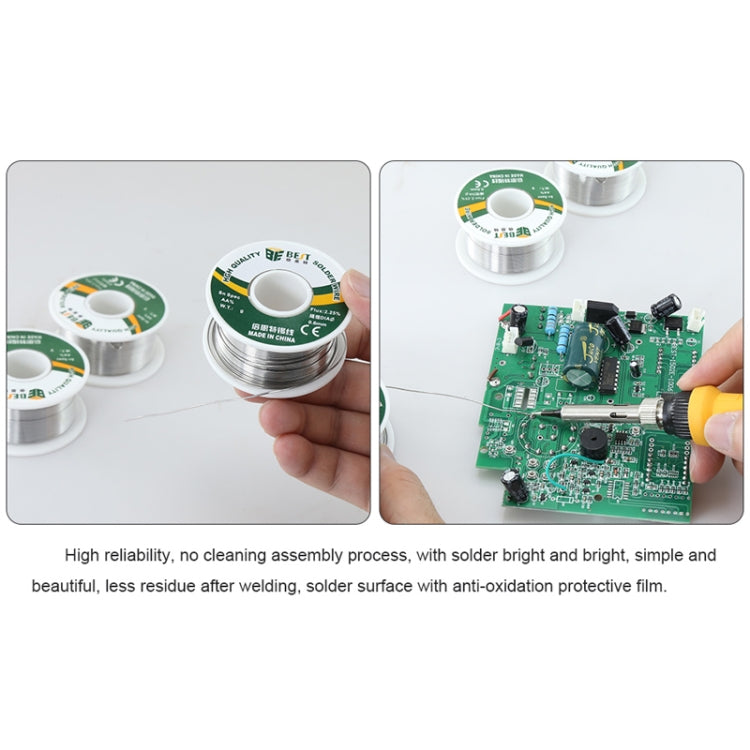 Solder wire spool with labeled reel and hands holding fine silver wire