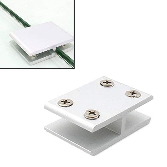 Glass partition fixing clip with white base plate and four cross-head screws, 10–12mm